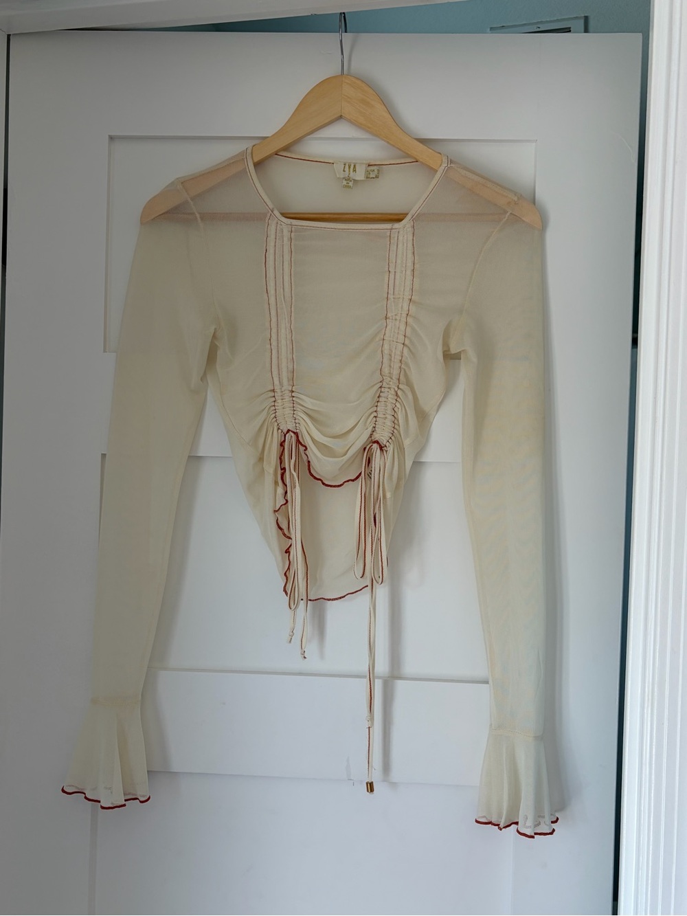Princess Polly Cream Sheer Ruched Long-Sleeve Blouse with Red Trim